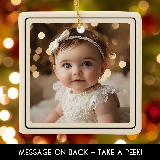 Modernes Baby Foto Christmas Champagne Gold Script Keramikornament