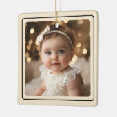 Modernes Baby Foto Christmas Champagne Gold Script Keramikornament (Links)