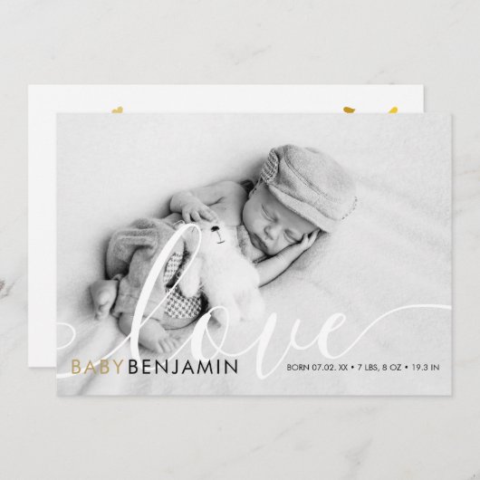 Modernes Baby Foto Script Liebe Gold Herzstück Geb Ankündigung (Vorne/Hinten)