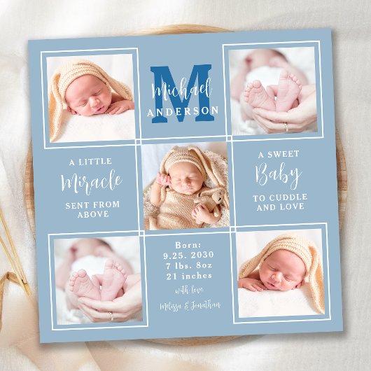 Modernes Baby Personalisiert 5 Foto Blue Birth Ankündigung