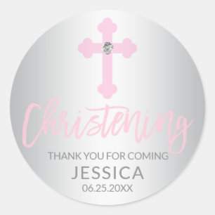 Modernes Baby-Rosa-Kreuz-Taufmädchen danken Ihnen Runder Aufkleber