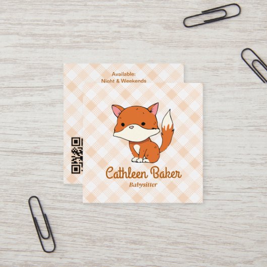 Modernes Babysitting | Fox Gingham Pattern Quadratische Visitenkarte (Vorderseite/Rückseite Beispiel)