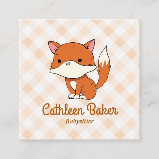 Modernes Babysitting | Fox Gingham Pattern Quadratische Visitenkarte (Vorderseite)