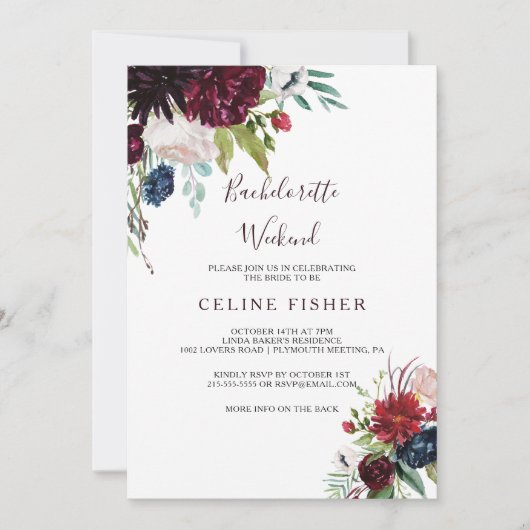 Modernes Bachelorette Weekend der Marine Burgund Einladung (Vorderseite)