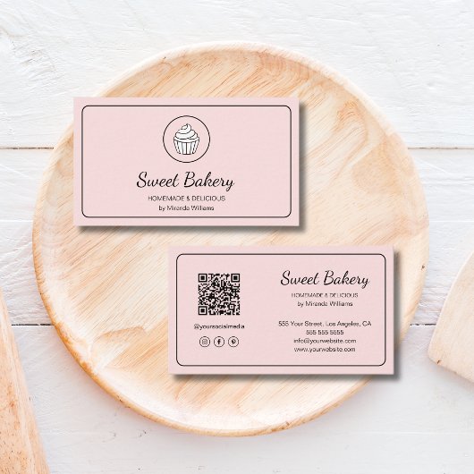 Modernes Bäckerei-Logo QR-Code Rosa Visitenkarte