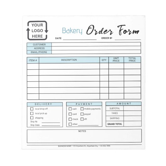 Modernes Bäckereicafé Blaue Bestellformular Notizblock (Vorderseite)