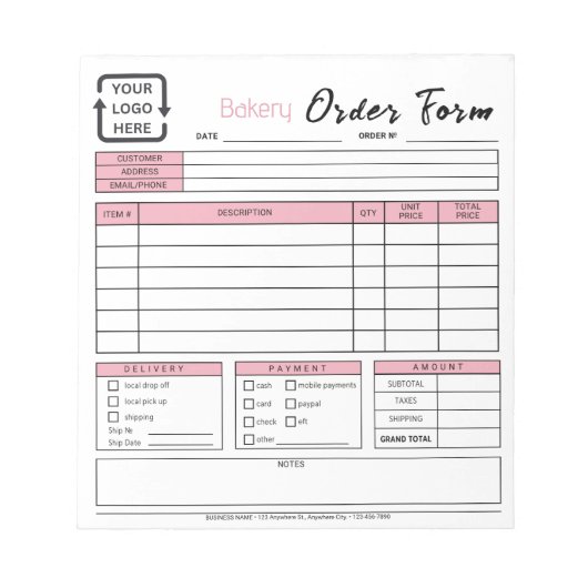 Modernes Bäckereicafé Pink Bestellformular Notepad Notizblock (Vorderseite)
