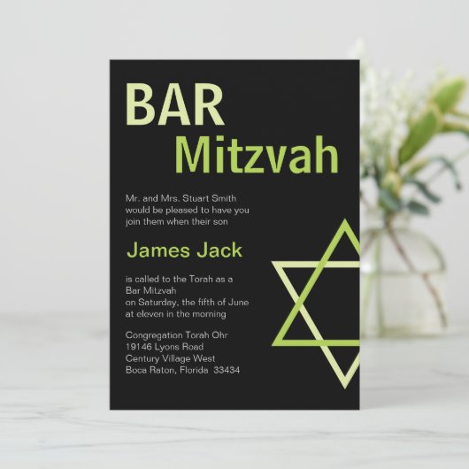 Modernes Bar Mitzvah Einladungs-Grün u. Schwarzes Einladung (Stehend Vorderseite)