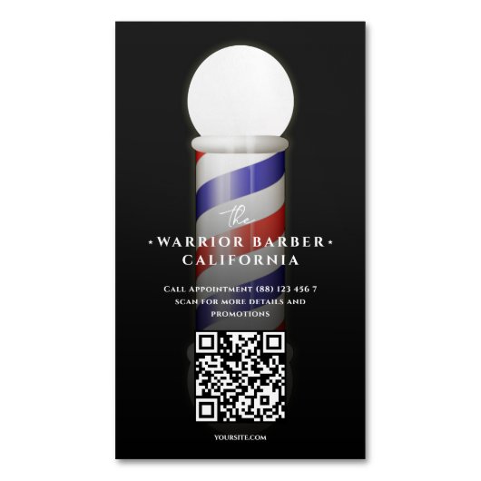 Modernes Barbershaus QR Barber's Pole Magnetische Visitenkarte (Vorderseite Vertikal)