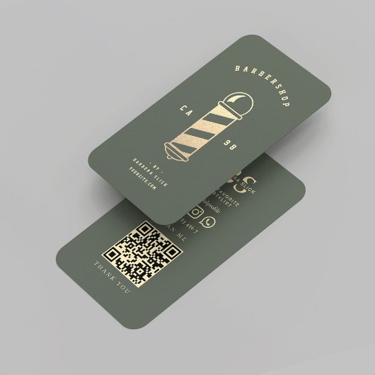 Modernes Barbershop Gold Barber's Pole Sage Green Visitenkarte