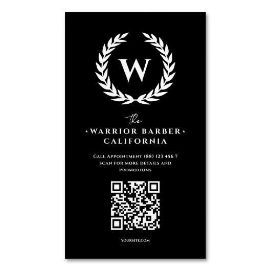 Modernes Barbershop Monogram QR Beruflich Barber Magnetische Visitenkarte (Vorderseite Vertikal)