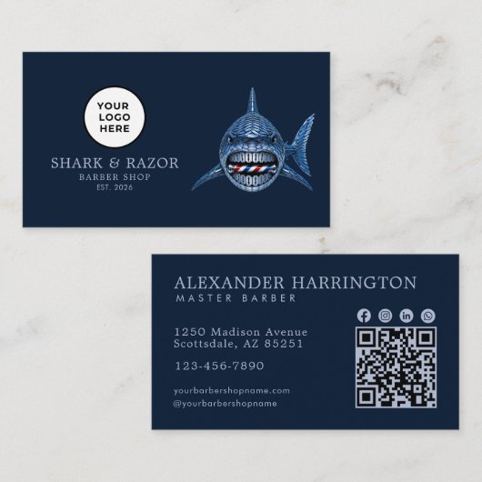 Modernes Barbier-Stahl-Hai-Logo Qr-Code Visitenkarte (Vorne/Hinten)