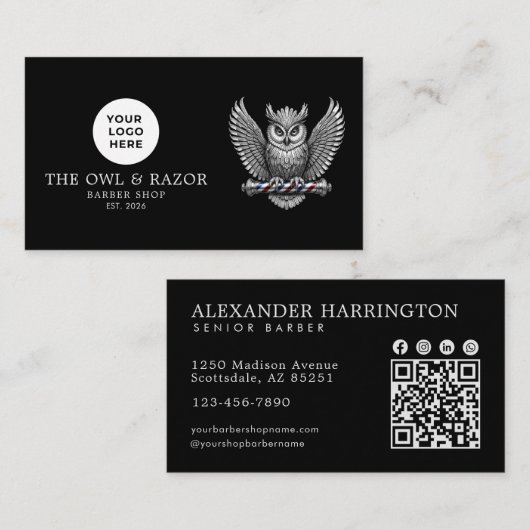 Modernes Barbiergeschäft Silver Owl Logo Qr Code Visitenkarte (Vorne/Hinten)