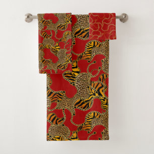 Modernes Barock Glamour-Tiermuster auf Rot Badhandtuch Set