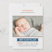 Modernes Baseball Baby Boy Navy Orange Foto Birth Ankündigung (Vorderseite)