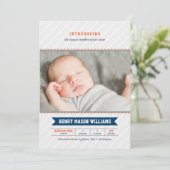 Modernes Baseball Baby Boy Navy Orange Foto Birth Ankündigung (Stehend Vorderseite)