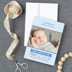 Modernes Baseball Blue and Red Baby Boy Foto Birth Ankündigung