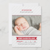 Modernes Baseball Red Gray Baby Boy Foto Birth Ankündigung (Vorderseite)