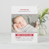 Modernes Baseball Red Gray Baby Boy Foto Birth Ankündigung (Stehend Vorderseite)