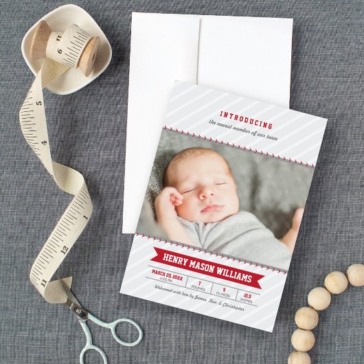Modernes Baseball Red Gray Baby Boy Foto Birth Ankündigung