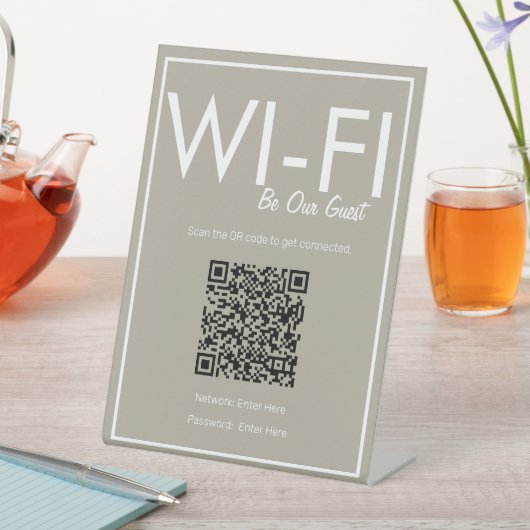 Modernes Basic Beige Wi-Fi QR Code Pedestal-Zeiche Sockelschild (In Situ)