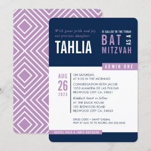 MODERNES BAT MITZVAH fett blockmarineblau lila Einladung