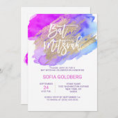 Modernes Bat Mitzvah Lila Blue Einladung (Vorne/Hinten)