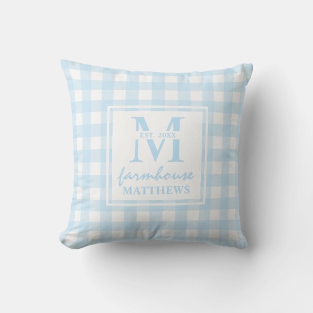 Modernes Bauernhaus Baby Blue Large Gingham Custom Kissen (Vorderseite)