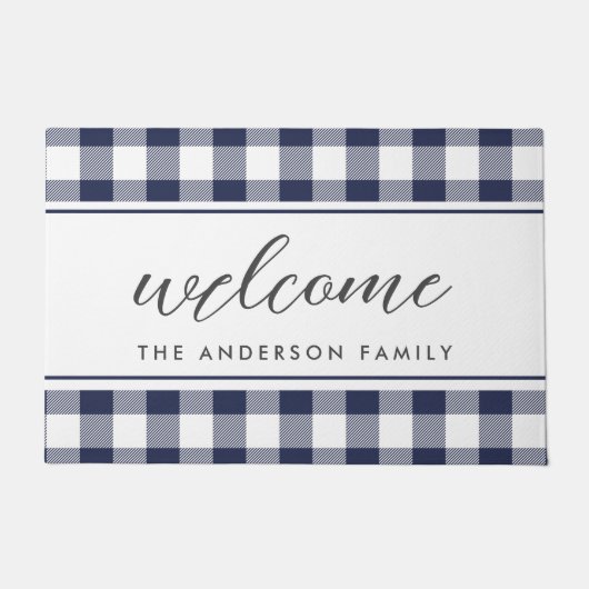 Modernes Bauernhaus Blue Buffalo Karo Empfang Fußmatte (Vorderseite)