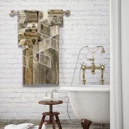 Modernes Bauernhaus Braun Holz Geometrie Muster Badhandtuch Set