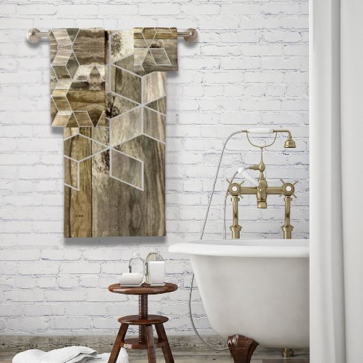 Modernes Bauernhaus Braun Holz Geometrie Muster Badhandtuch Set