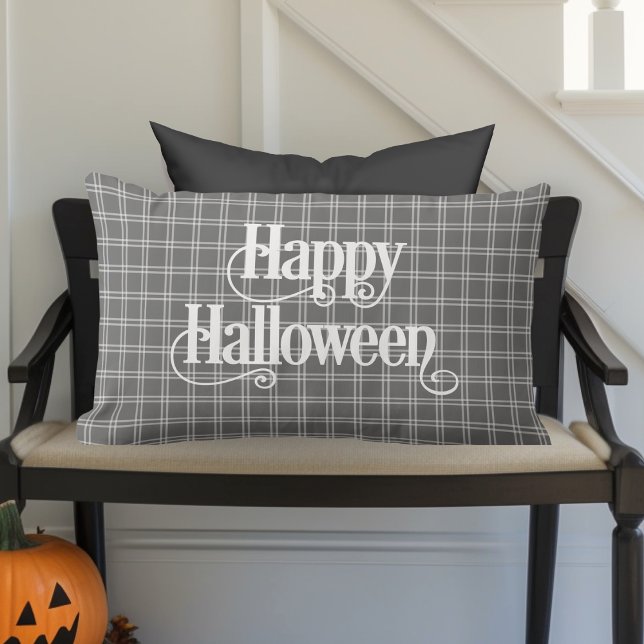 Modernes Bauernhaus Classic Kariert Happy Hallowee Lendenkissen (Modern Farmhouse Classic Gray and White Plaid "Happy Halloween" Decorative Lumbar Pillow)