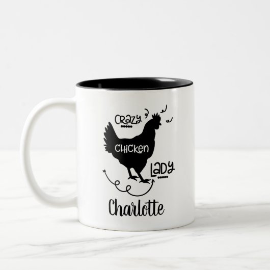 Modernes Bauernhaus Crazy Chicken Lady Name Zweifarbige Tasse (Links)