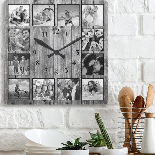 Modernes Bauernhaus Familie Rustikale FotoCollage Quadratische Wanduhr