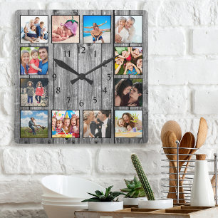 Modernes Bauernhaus Familie Rustikale FotoCollage Quadratische Wanduhr