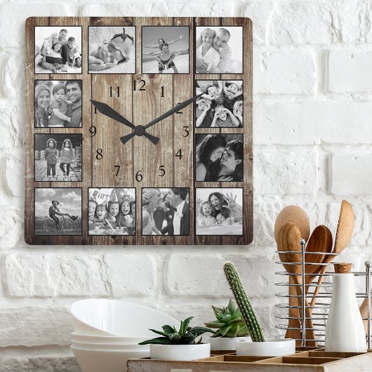 Modernes Bauernhaus Familie Rustikale FotoCollage Quadratische Wanduhr