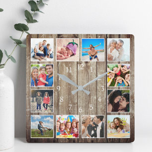 Modernes Bauernhaus Familie Rustikale FotoCollage Quadratische Wanduhr