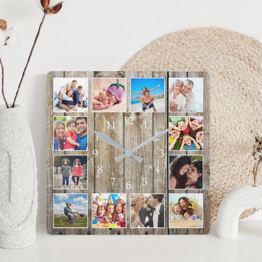 Modernes Bauernhaus Familie Rustikale FotoCollage Quadratische Wanduhr