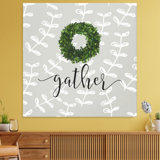 Modernes Bauernhaus "Gather" Script Boxwood Wreath Leinwanddruck (Insitu (Wohnzimmer))