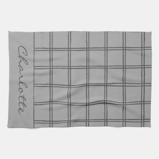 Modernes Bauernhaus Grau Kariert Personalisiert Ru Geschirrtuch (Horizontal)