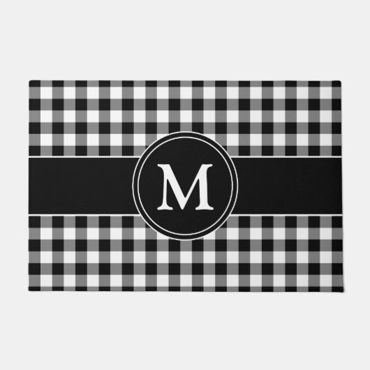 Modernes Bauernhaus Schwarz Kariert Monogram Fußmatte (Vorderseite)