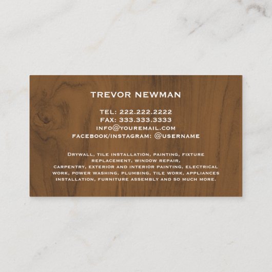 Modernes Bauhandyman Carpenter Dark Wood Visitenkarte (Rückseite)