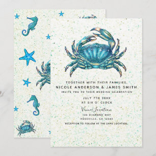 Modernes Beach Blue Crab Starfish Seepferd Hochzei Einladung