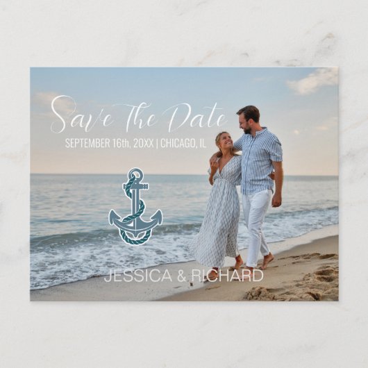 Modernes Beach Nautical Wedding Foto Save the Date Ankündigungspostkarte (Vorderseite)