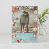 Modernes Beach Seashell Frame Foto Aqua Wedding Save The Date (Stehend Vorderseite)