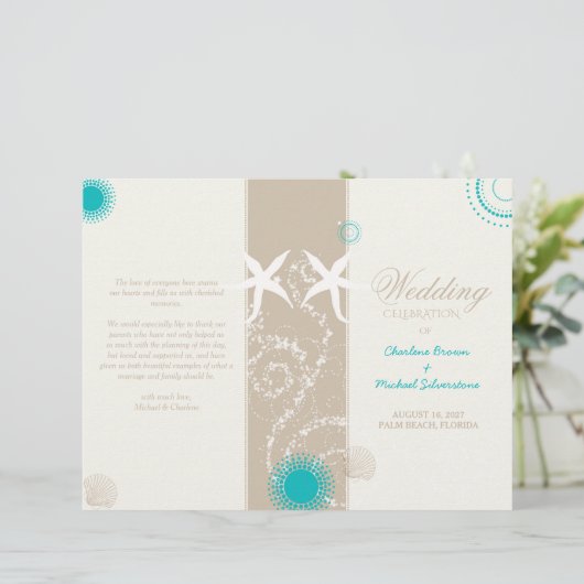 Modernes Beach Wedding Celebration Bi Fold Program (Stehend Vorderseite)