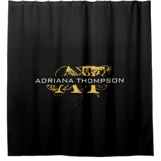 Modernes, bedrücktes Schwarz/Gold-Mit Monogramm Duschvorhang (Vorderseite)