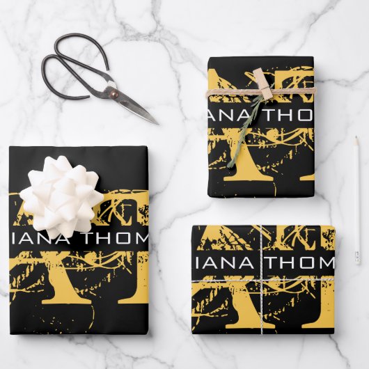 Modernes, bedrücktes Schwarz/Gold-Mit Monogramm Geschenkpapier Set (Vorderseite)