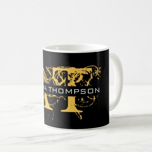 Modernes, bedrücktes Schwarz/Gold-Mit Monogramm Kaffeetasse (VorderseiteRechts)