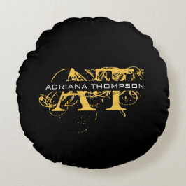 Modernes, bedrücktes Schwarz/Gold-Mit Monogramm Rundes Kissen